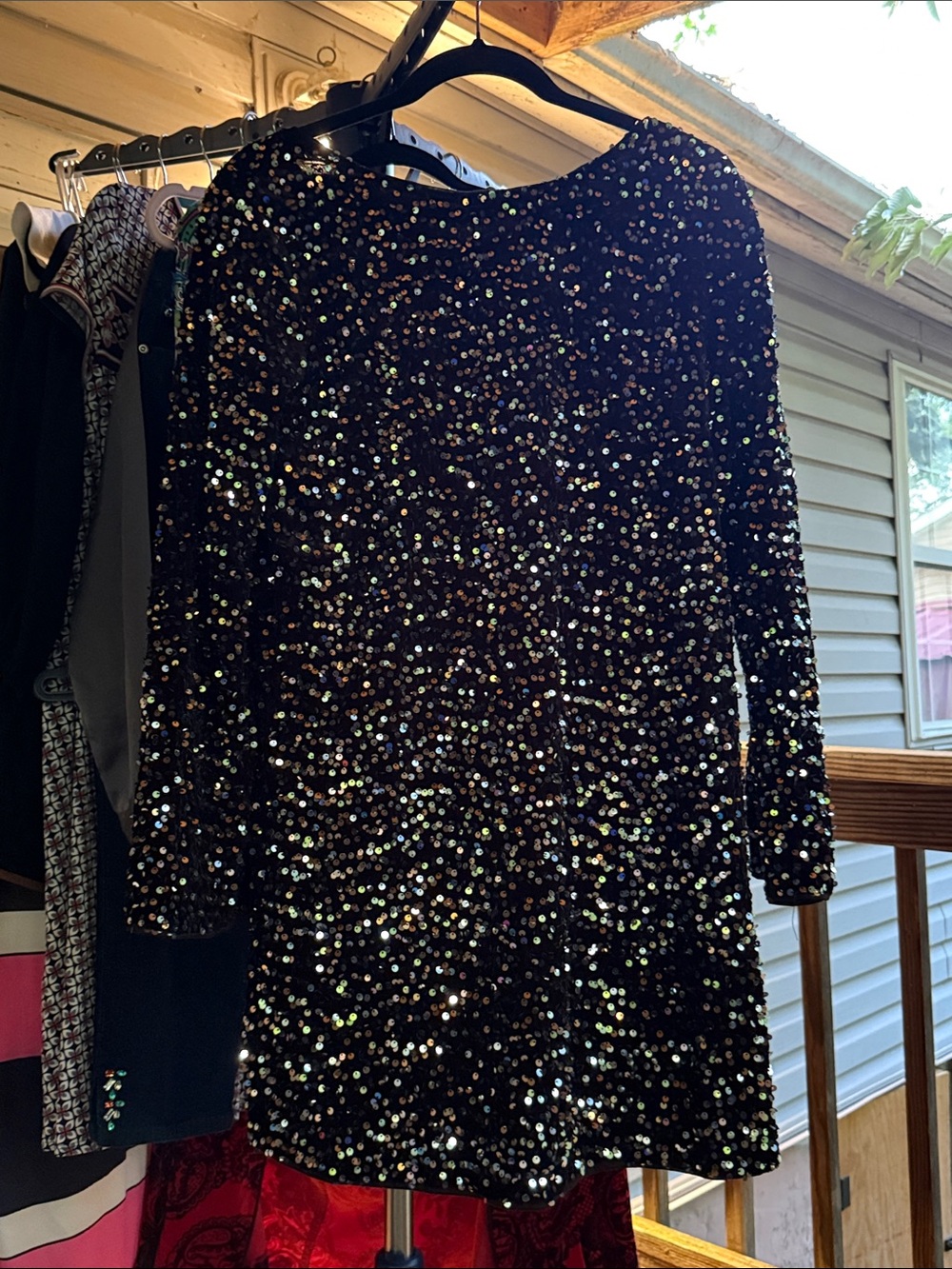 New Women’s S Sequined Lightweight Black Velvet Dress 34” long, satin bow back